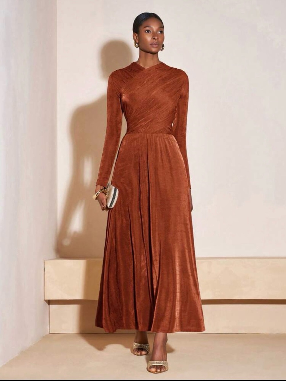Elegant Long-Sleeve Copper Brown Maxi Dress